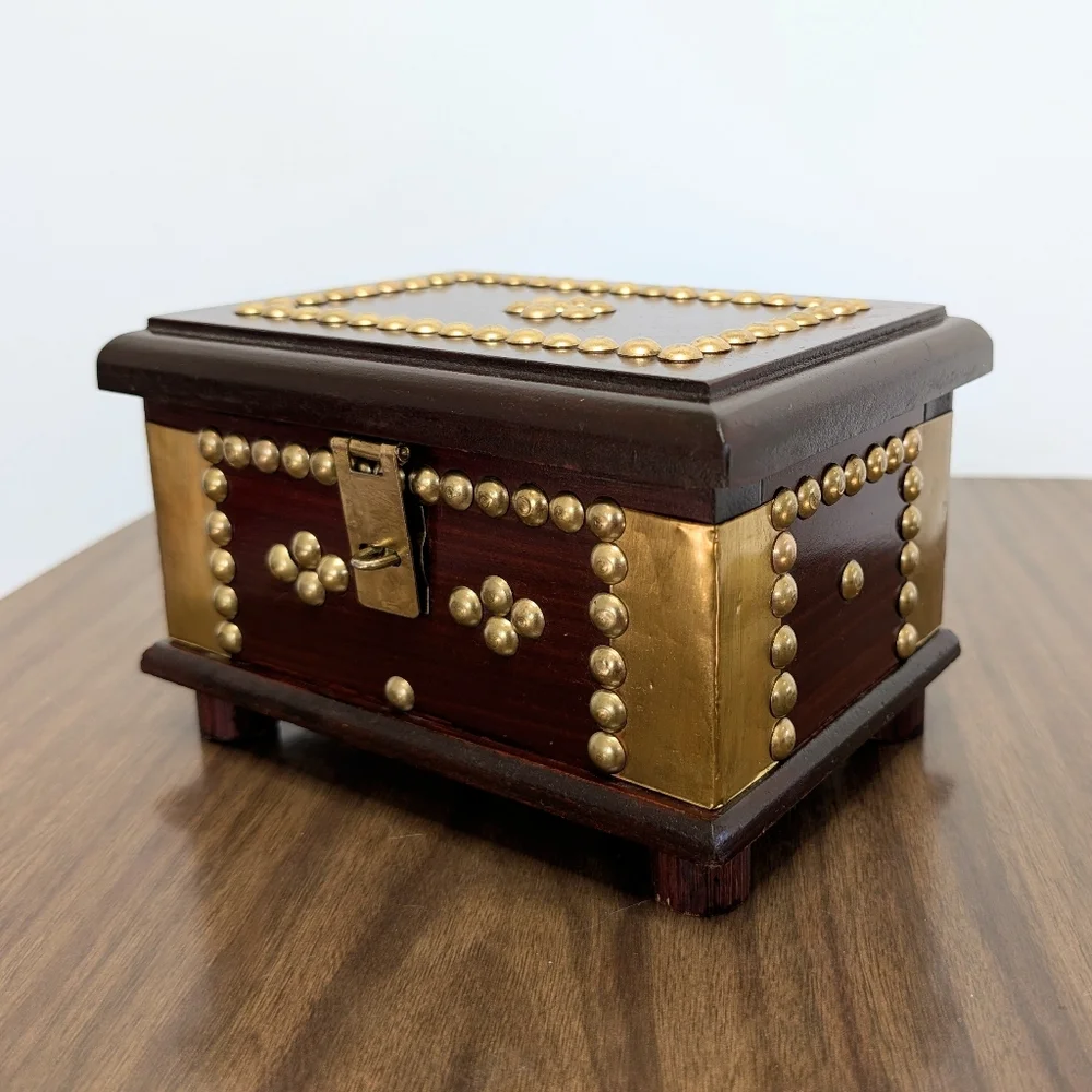 Vintage Dark Red Brown Mahogany Color Wooden Box With Gold Tone Brass Details
